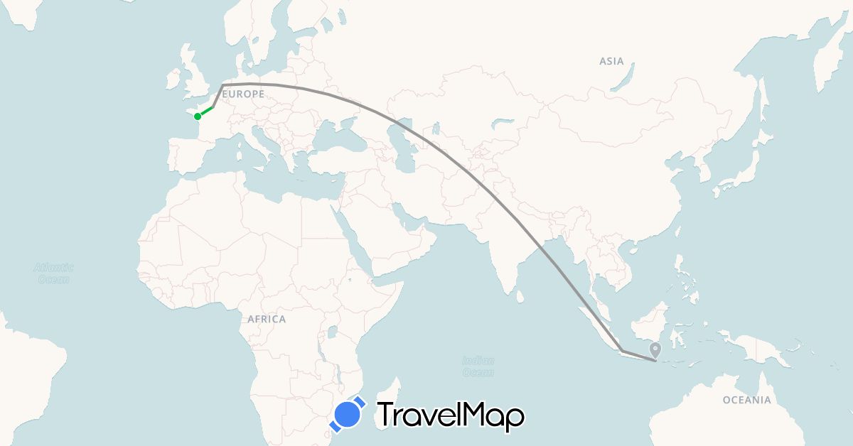 TravelMap itinerary: driving, bus, plane in France, Indonesia, Netherlands (Asia, Europe)